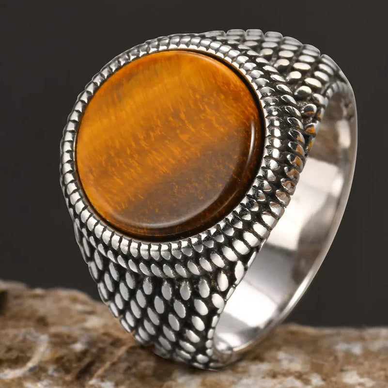 Men's textured ring and tiger's eye stone