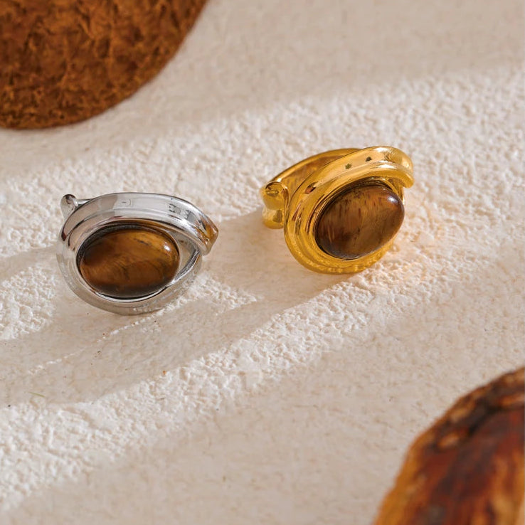Wide adjustable ring with silver tiger's eye stone