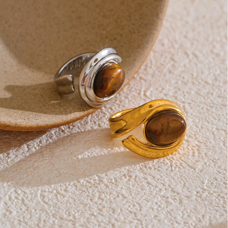 Wide adjustable ring with silver tiger's eye stone
