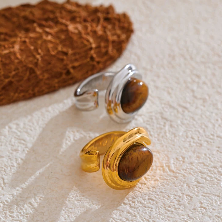 Wide adjustable ring with gold tiger's eye stone
