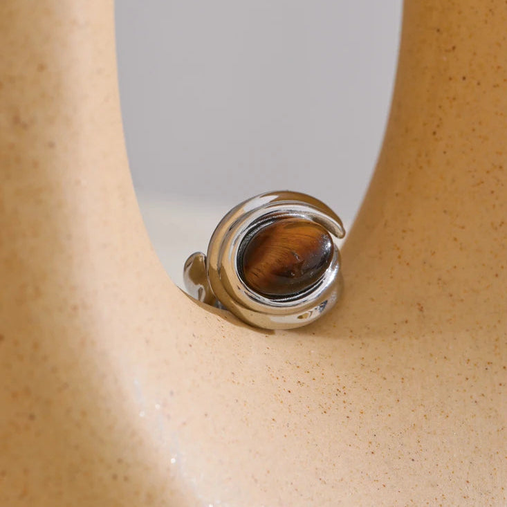 Wide adjustable ring with silver tiger's eye stone