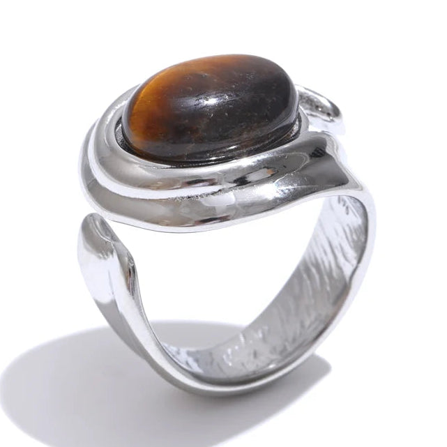 Wide adjustable ring with silver tiger's eye stone