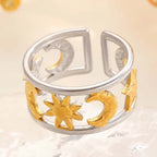 Anillo ancho efecto celeste sol y luna plata