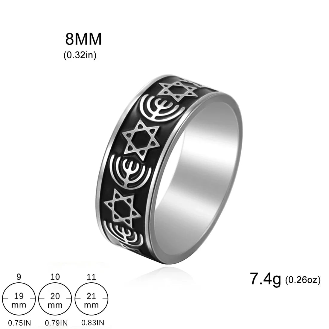Anillo ancho Menorah y estrellas de David símbolos judíos