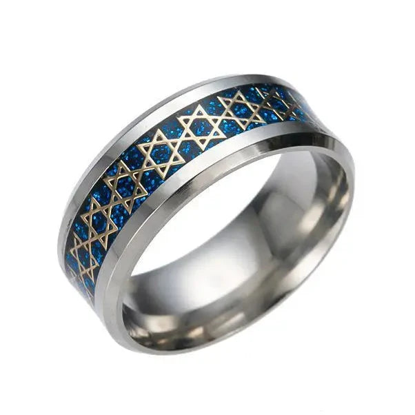 Anillo ancho para hombre con <span data-glossary-id="etoiles-de-david">estrellas de David</span> símbolo judío azul