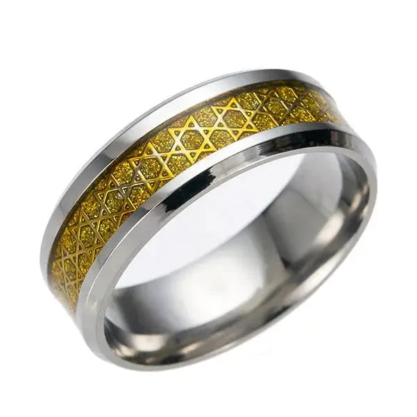 Anillo ancho para hombre con <span data-glossary-id="etoiles-de-david">estrellas de David</span> símbolo judío oro