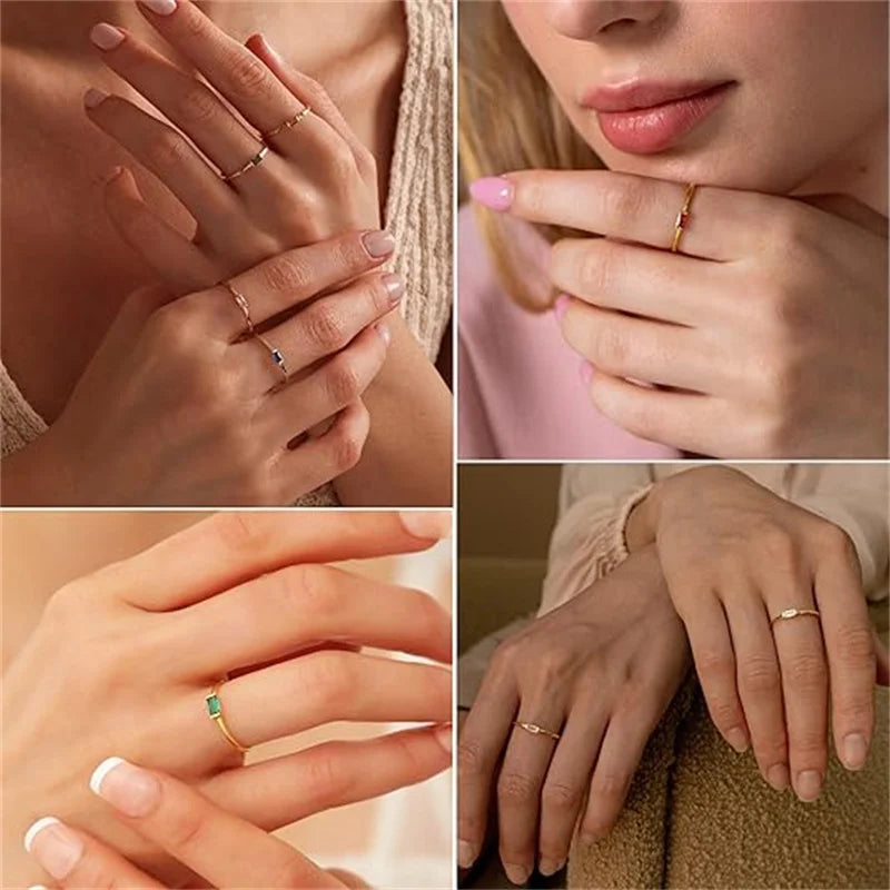 Anillo minimalista con piedra de nacimiento rectangular para mujer
