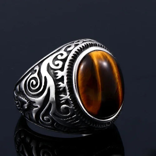 Anillo Ojo de Tigre Hombre Decorado plata