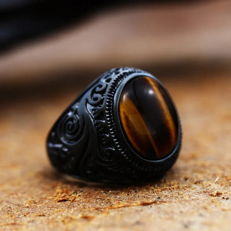 Anillo Ojo de Tigre Hombre Decorado negro