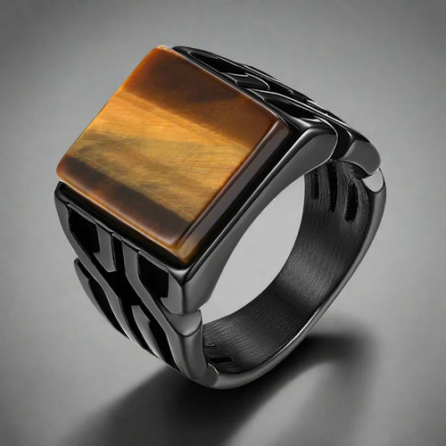 Anillo Ojo de Tigre Hombre Piedra Cuadrada