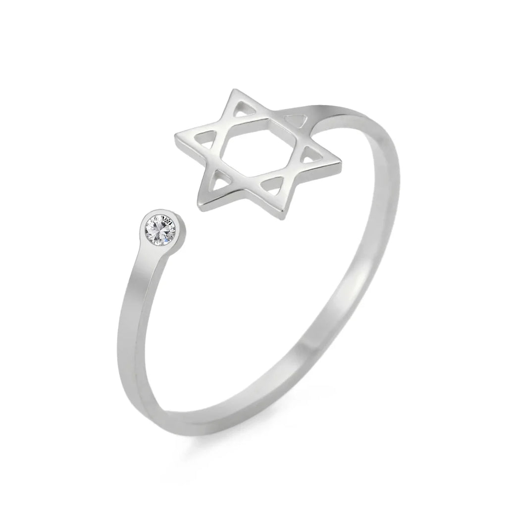 Anillo abierto con la <span data-glossary-id="etoile-de-david">estrella de David</span> simbólica judía plata