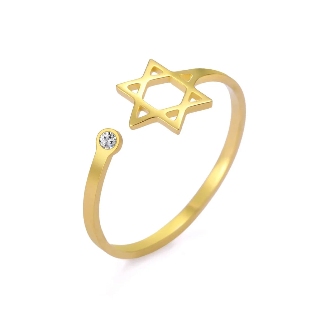 Anillo abierto con la <span data-glossary-id="etoile-de-david">estrella de David</span> simbólica judía oro