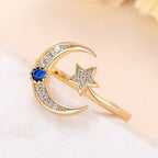 Anillo abierto "noche estrellada" media luna y su cristal azul