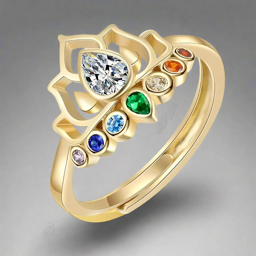 Anillo Piedra 7 Chakras Flor de Loto Mujer oro