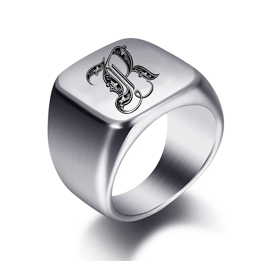 Anillo ancho para hombre inicial r