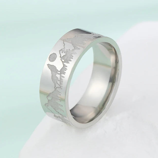 Anillo Retro Montañas León y Sol plata