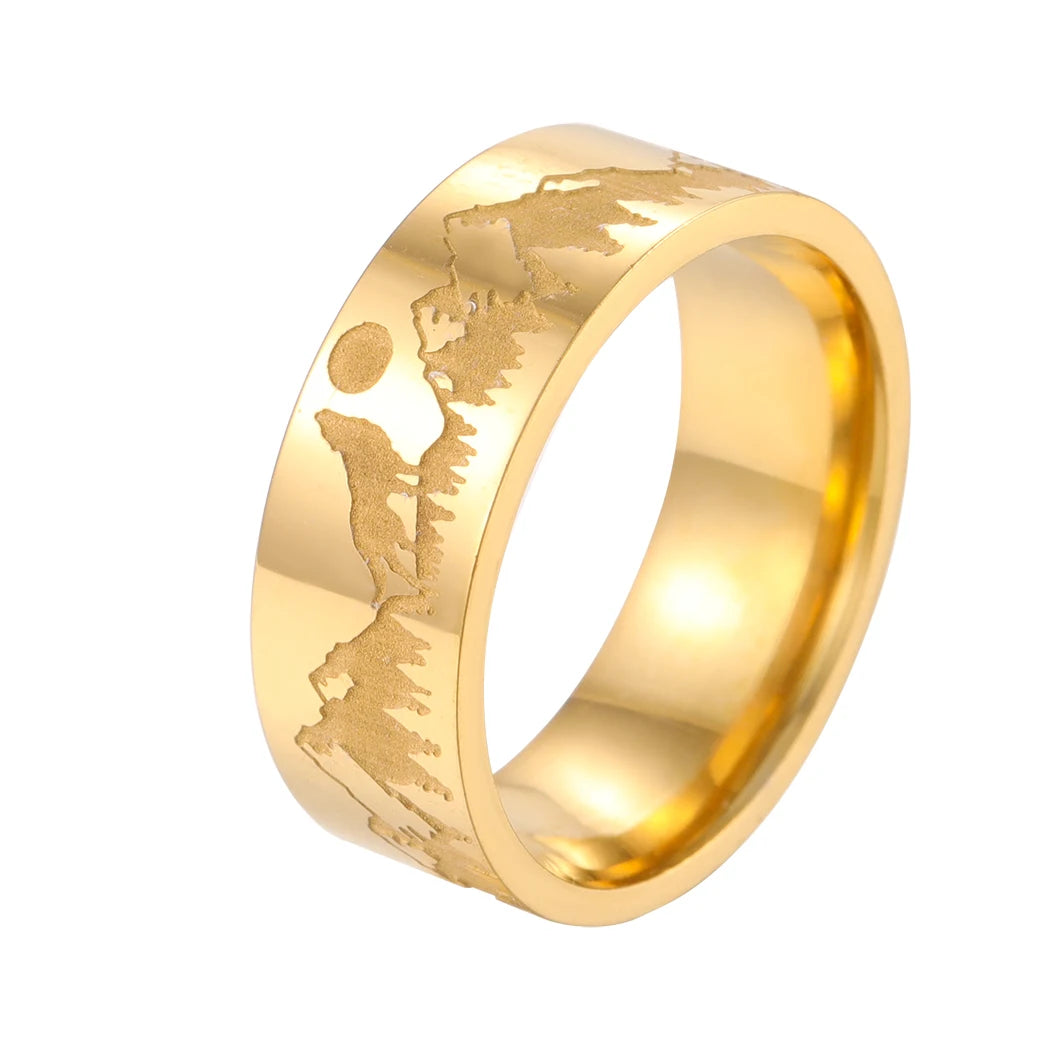 Anillo Retro Montañas León y Sol oro