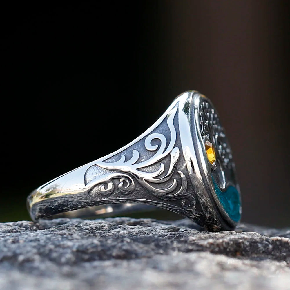 Anillo redondo árbol de la vida con cristal amarillo