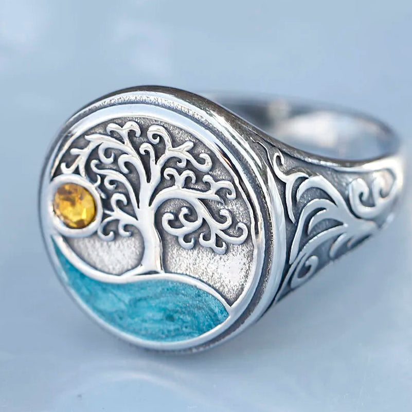 Anillo redondo árbol de la vida con cristal amarillo