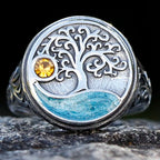Anillo redondo árbol de la vida con cristal amarillo