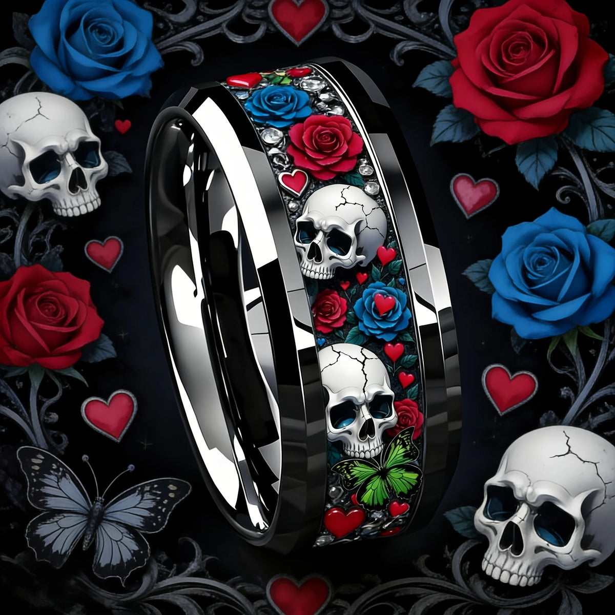 Mystical-style ring with roses and skulls