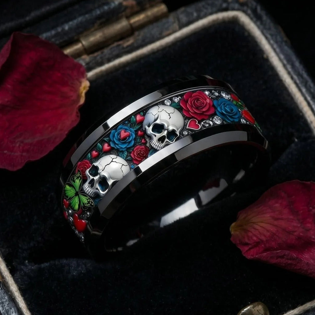 Mystical-style ring with roses and skulls