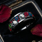 Mystical-style ring with roses and skulls