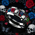 Mystical-style ring with roses and skulls