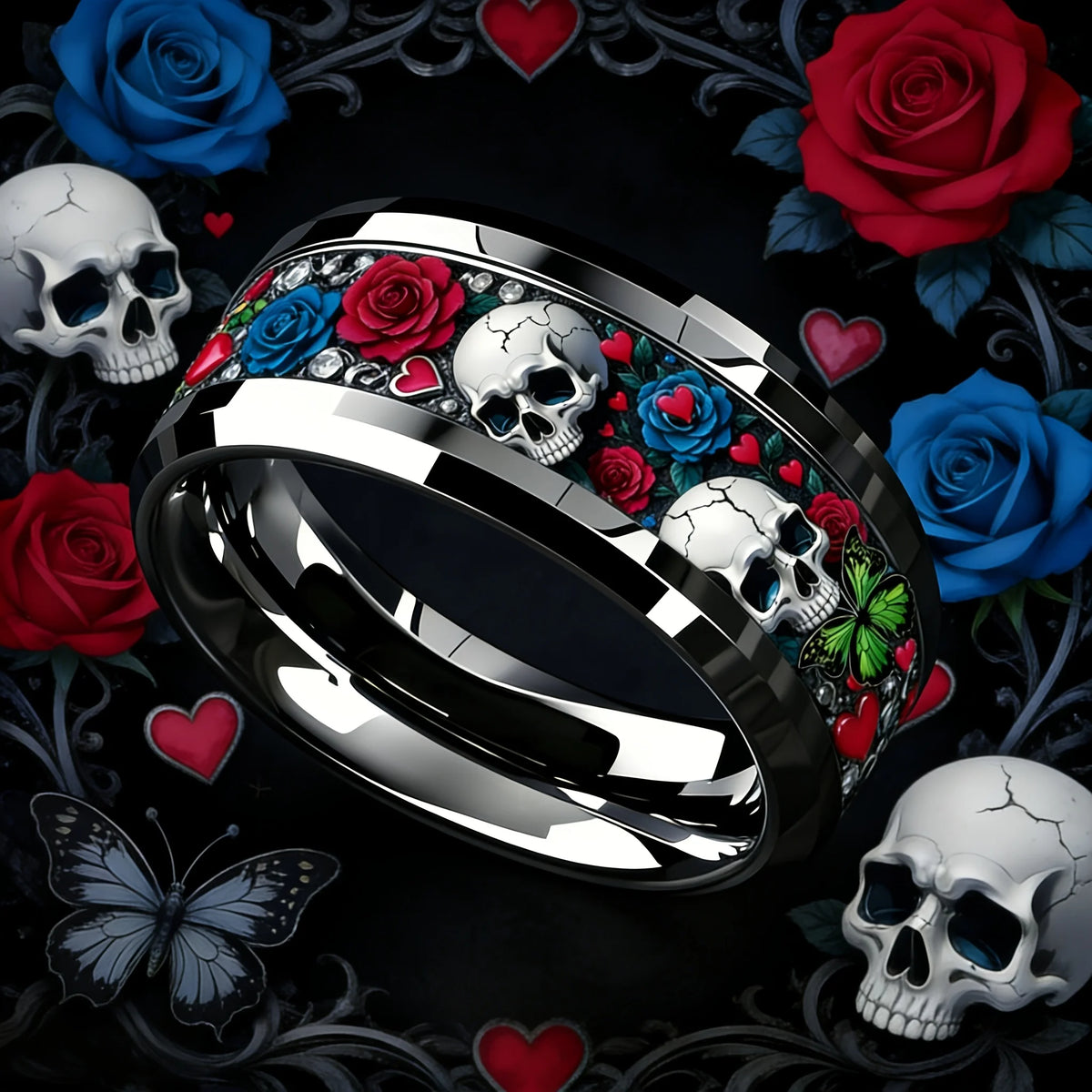 Mystical-style ring with roses and skulls