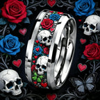 Mystical-style ring with roses and skulls