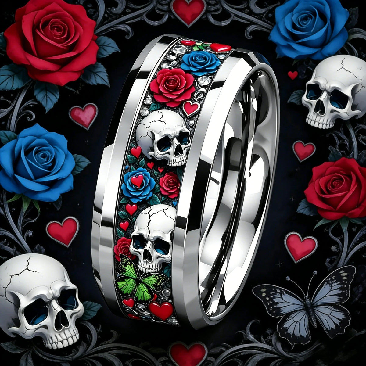 Mystical-style ring with roses and skulls