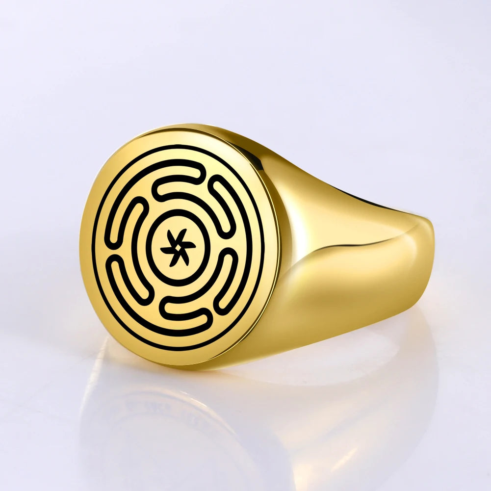 Anillo Rueda de Hécate Strophalos Brujería Wicca oro