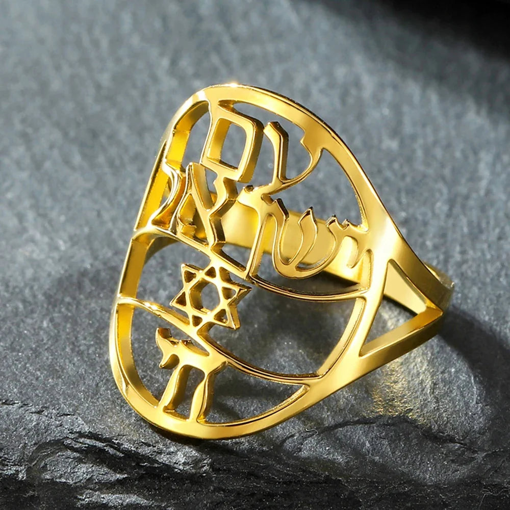 Anillo simbólico judío con grabado en hebreo estrella de David y Haï Chai oro