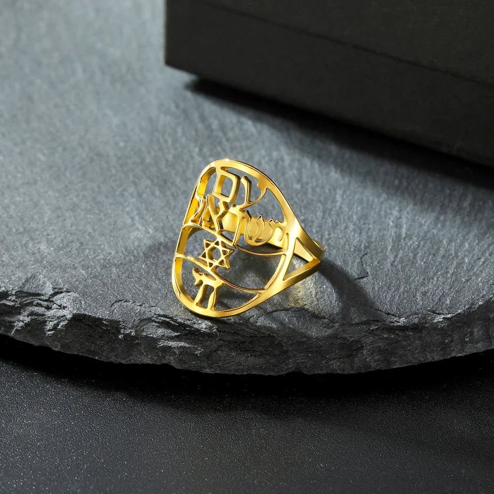 Anillo simbólico judío con grabado en hebreo estrella de David y Haï Chai oro