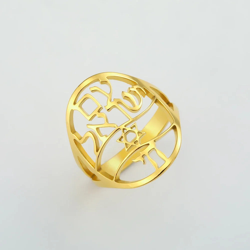 Anillo simbólico judío con grabado en hebreo estrella de David y Haï Chai oro