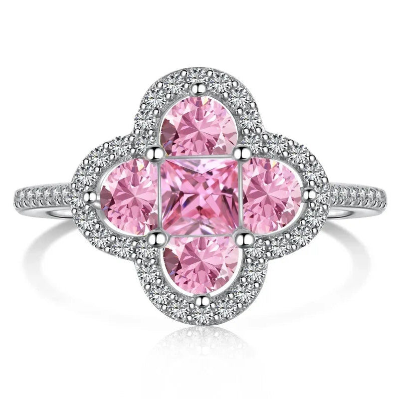 Anillo trébol luminoso de cristales plateado y rosa