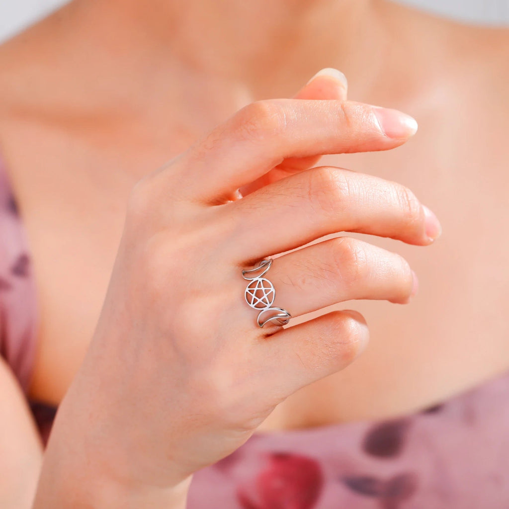 Anillo Triple Luna Fina Brujería Mujer Wicca plata A