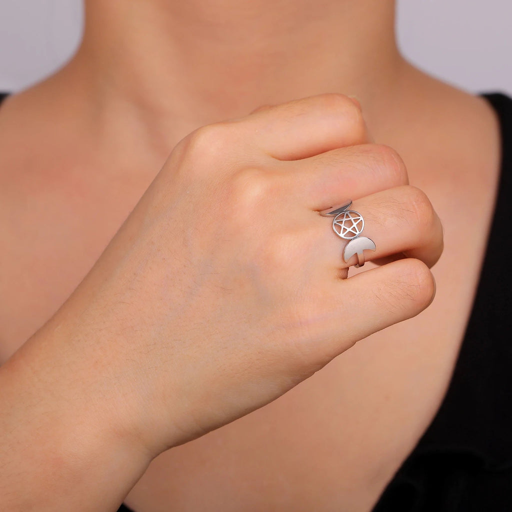 Anillo Triple Luna Fina Brujería Mujer Wicca plata A
