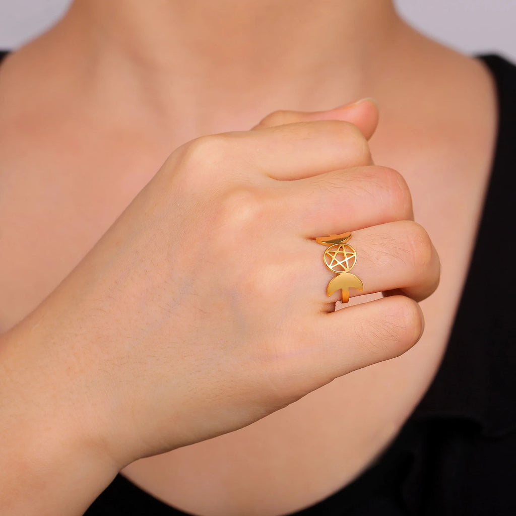 Anillo Triple Luna Fina Brujería Mujer Wicca oro A