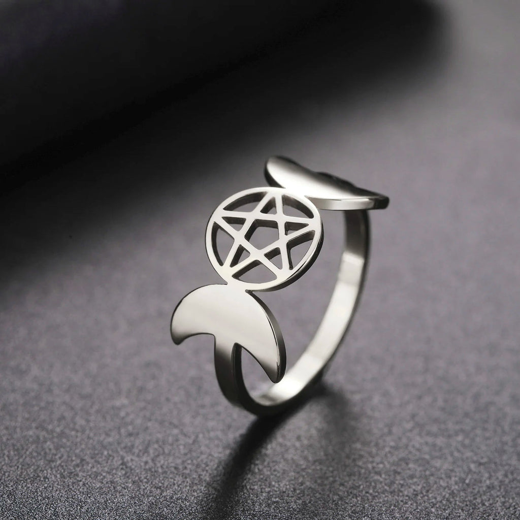 Anillo Triple Luna Fina Brujería Mujer Wicca plata A
