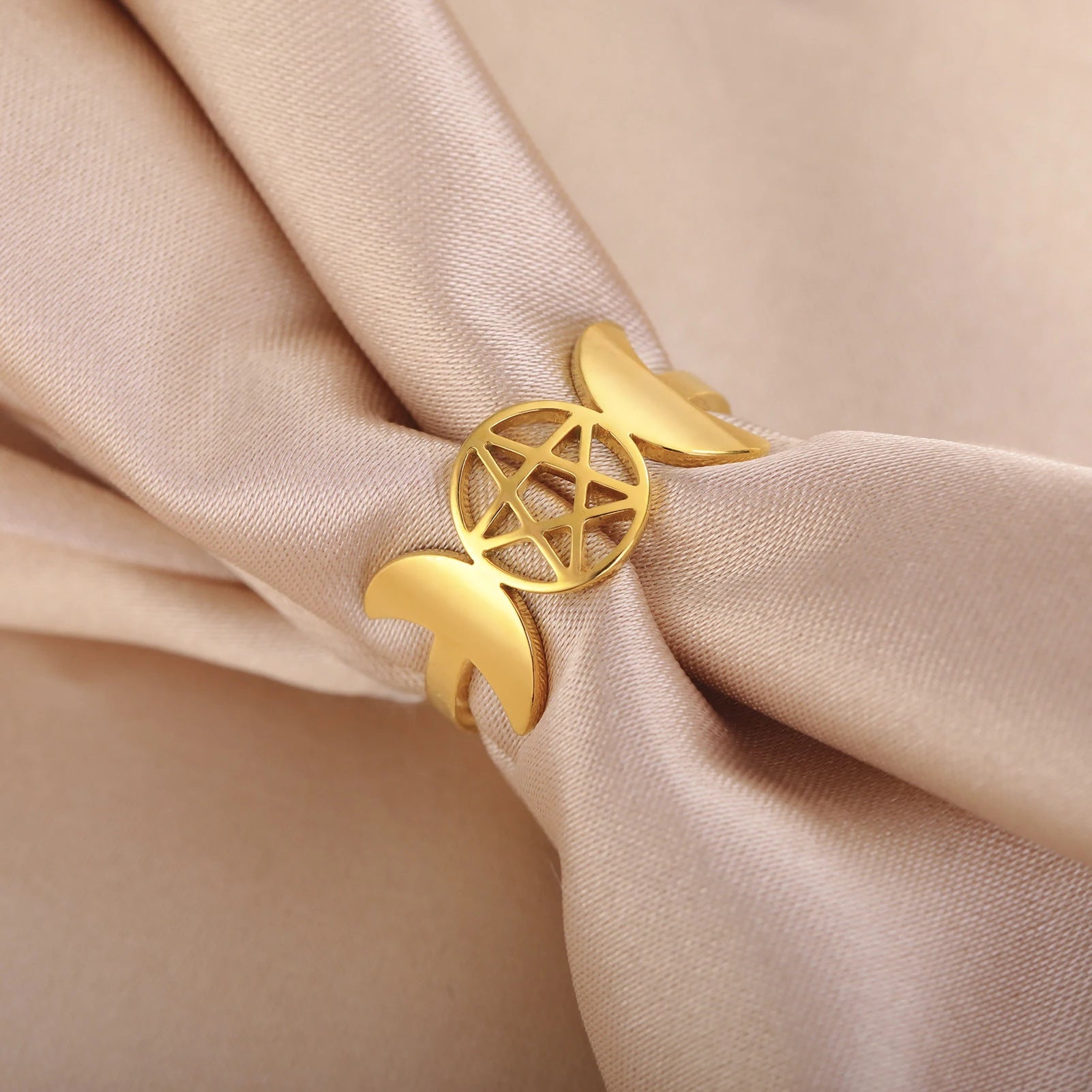 Anillo Triple Luna Fina Brujería Mujer Wicca oro A