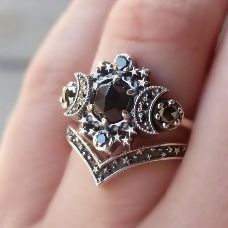 Anillo Triple Luna Brujería Mujer Wicca negro