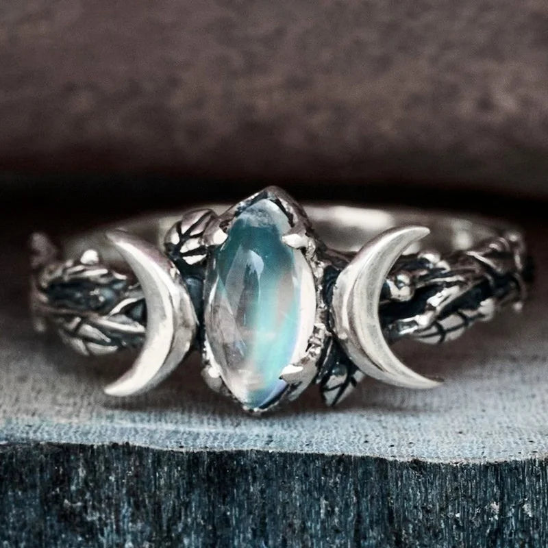 Anillo Triple Luna Hechicería Mujer Wicca Piedra