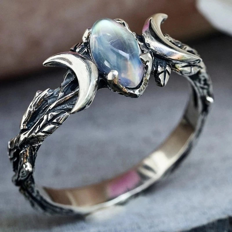 Anillo Triple Luna Hechicería Mujer Wicca Piedra