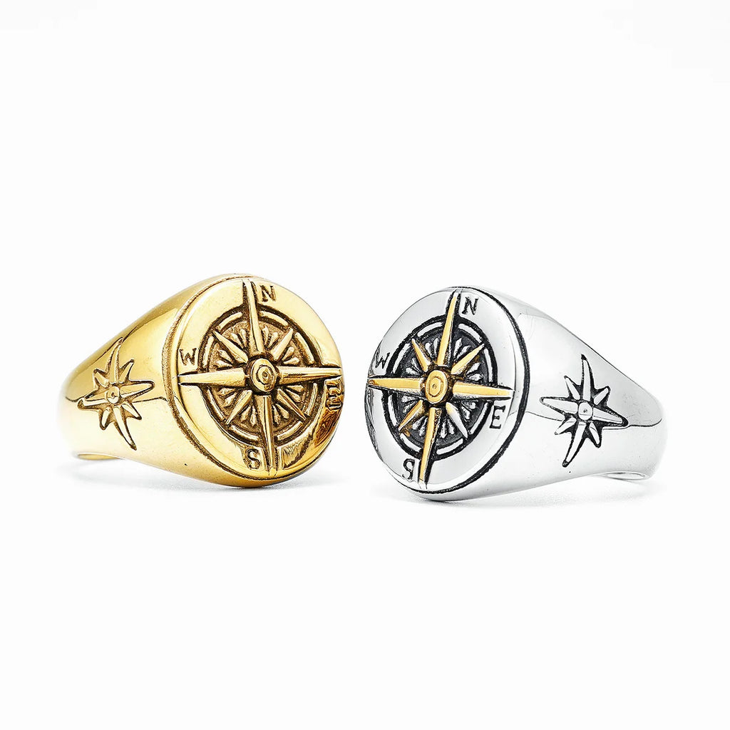 Anillo Vintage Brújula Rosa de los Vientos para Hombre plata y oro