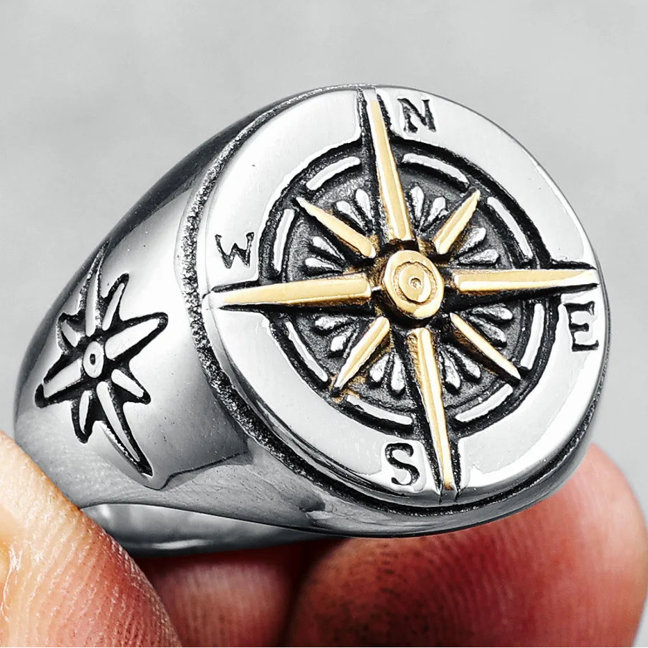 Anillo Vintage Brújula Rosa de los Vientos para Hombre plata y oro