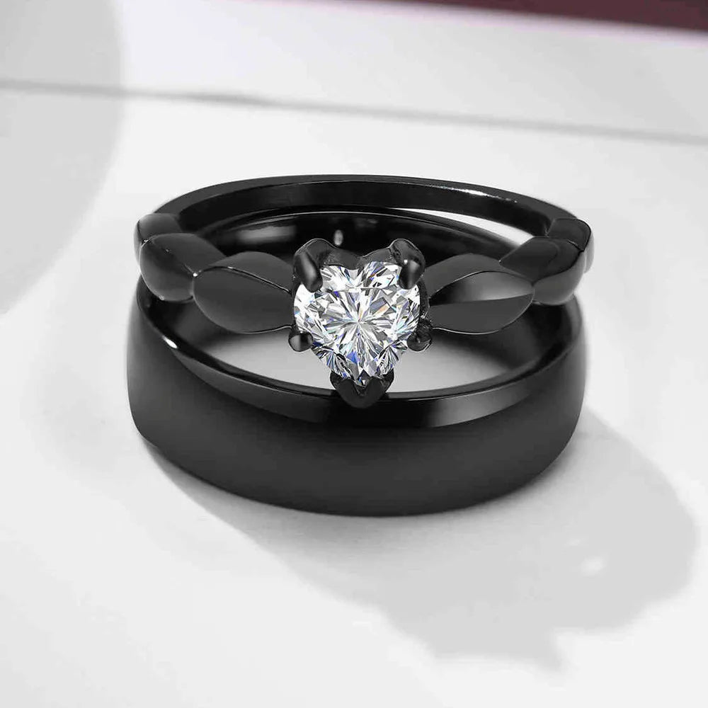 Anillos para Parejas Corazón Anillo Romántico y circonio negro