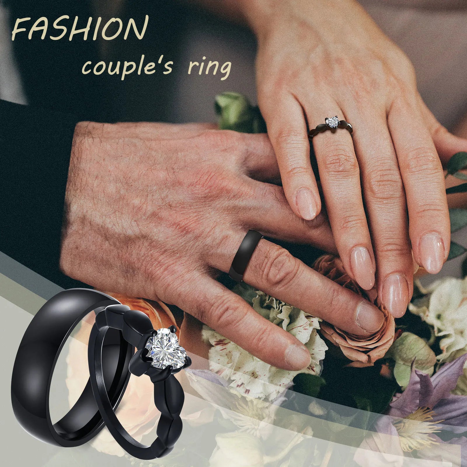 Anillos para Parejas Corazón Anillo Romántico y circonio negro