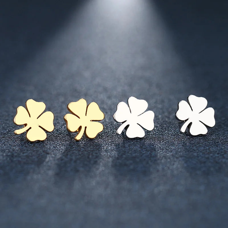 Pendientes de botón con trébol de 4 hojas de la suerte oro
