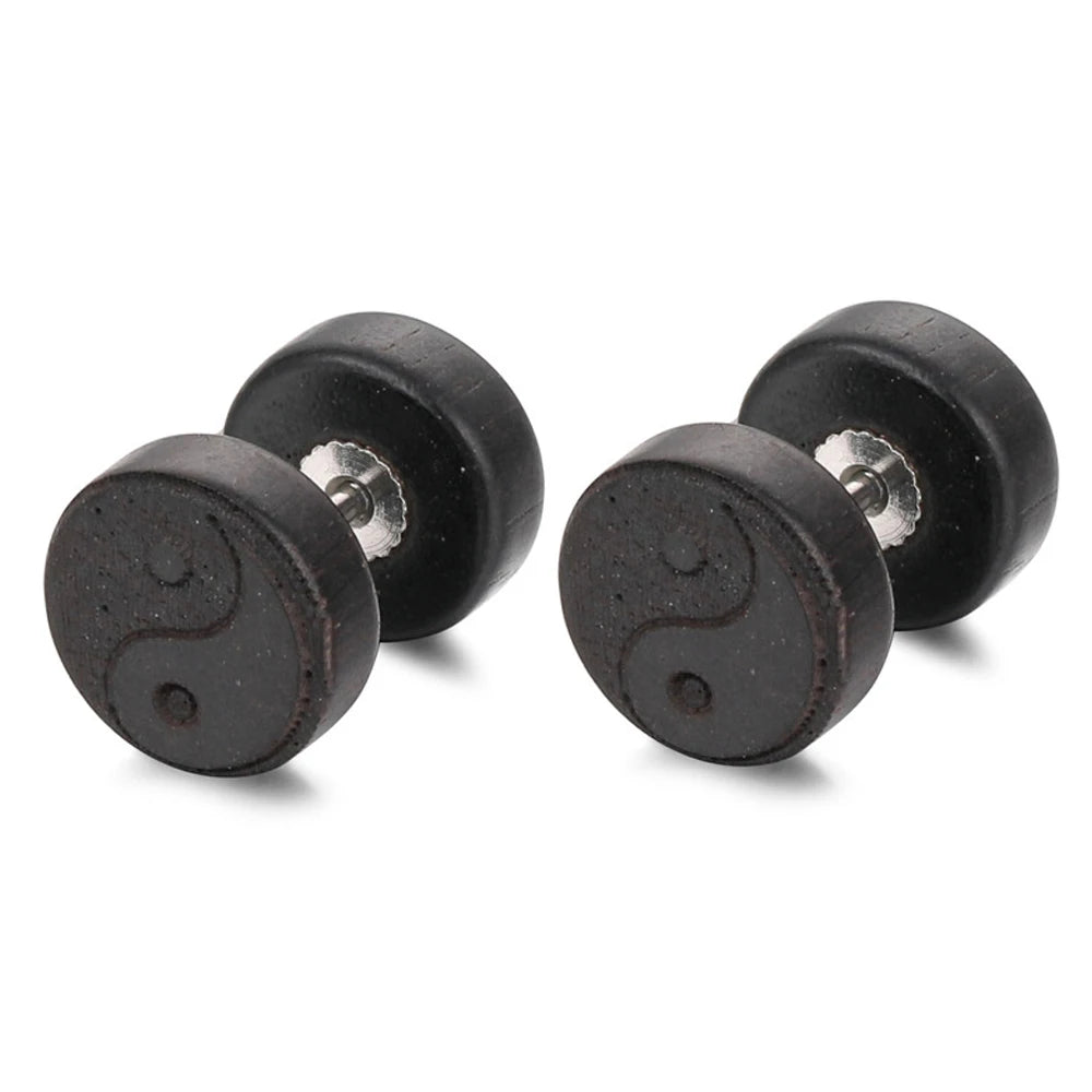 Pendientes de botón de madera Yin Yang negro